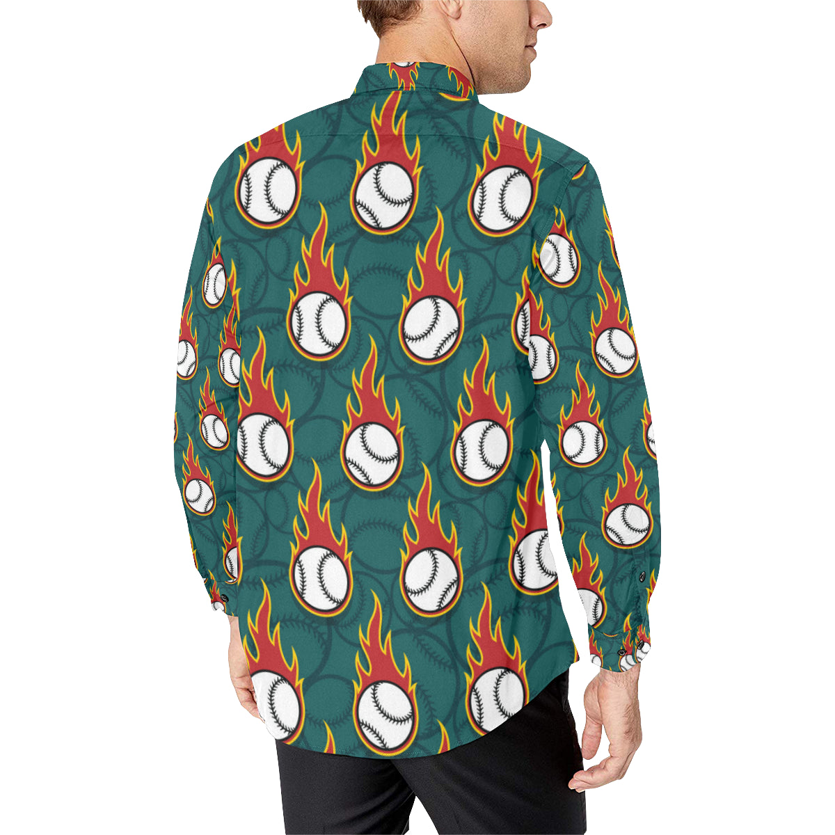 Baseball Fire Print Pattern Men's Long Sleeve Shirt