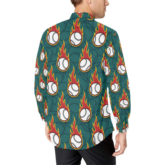 Baseball Fire Print Pattern Men's Long Sleeve Shirt
