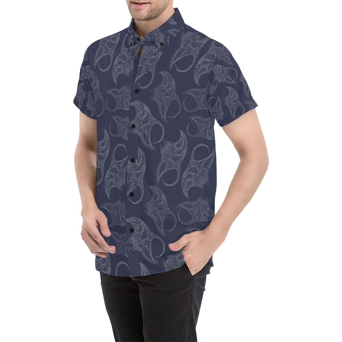 Manta Ray Pattern Print Design 01 Men's Short Sleeve Button Up Shirt