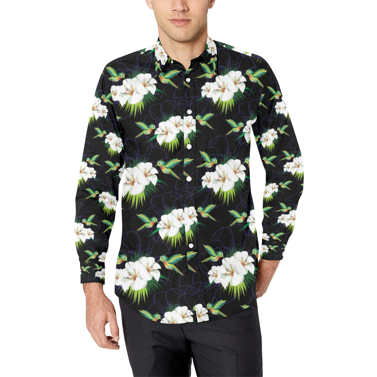 Hummingbird with Flower Pattern Print Design 03 Men's Long Sleeve Shirt