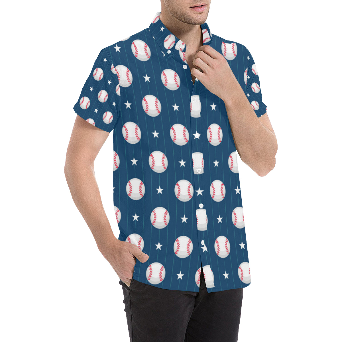 Baseball Star Print Pattern Men's Short Sleeve Button Up Shirt