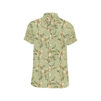 Lily Pattern Print Design LY06 Men's Short Sleeve Button Up Shirt