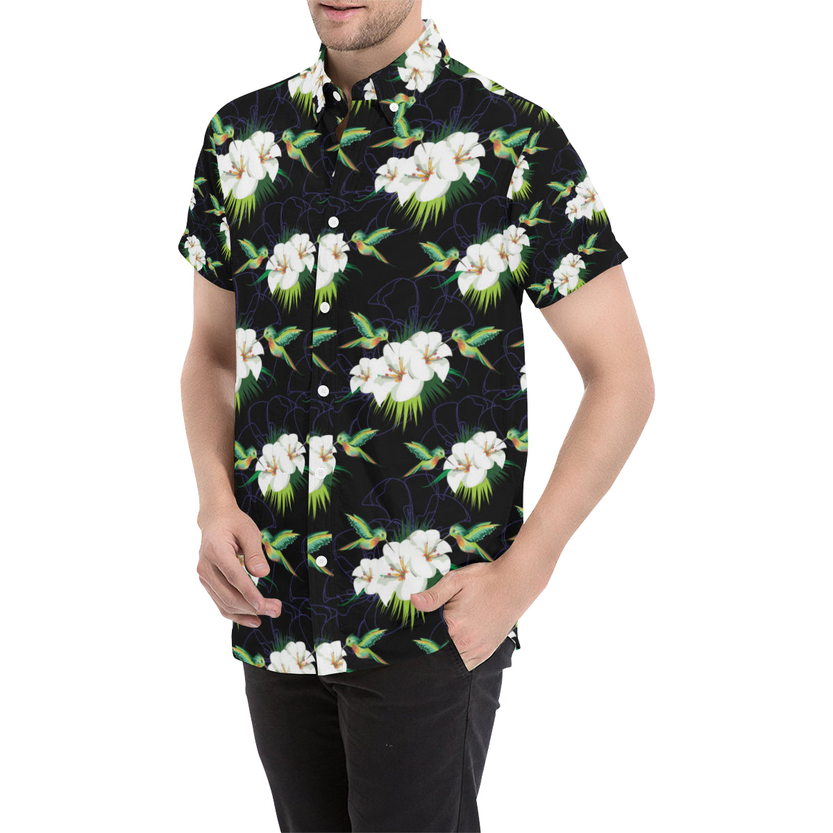 Hummingbird with Flower Pattern Print Design 03 Men's Short Sleeve Button Up Shirt