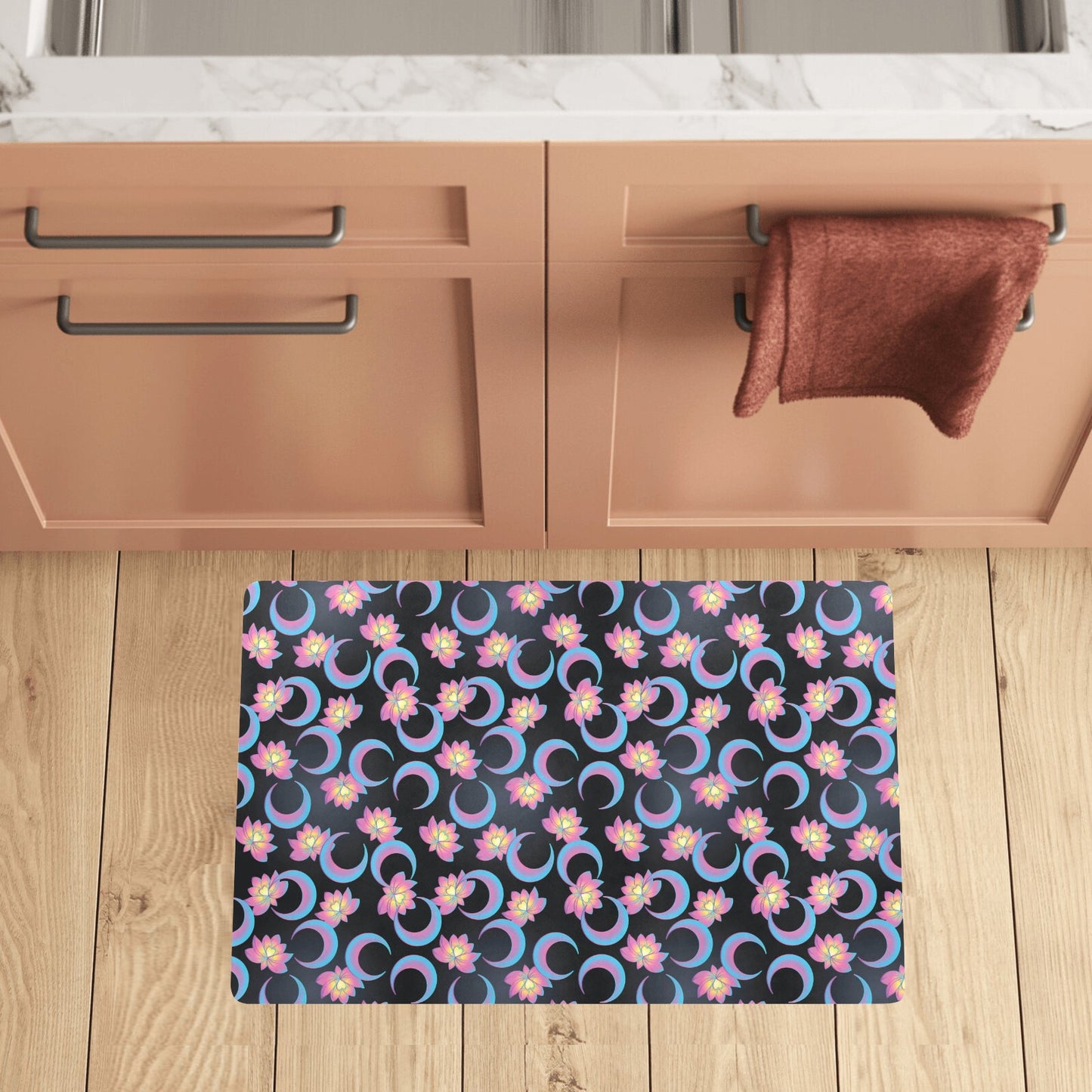 Lotus with Moon Pink Print Themed Kitchen Mat