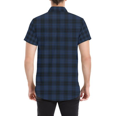 Navy Blue Tartan Plaid Pattern Men's Short Sleeve Button Up Shirt