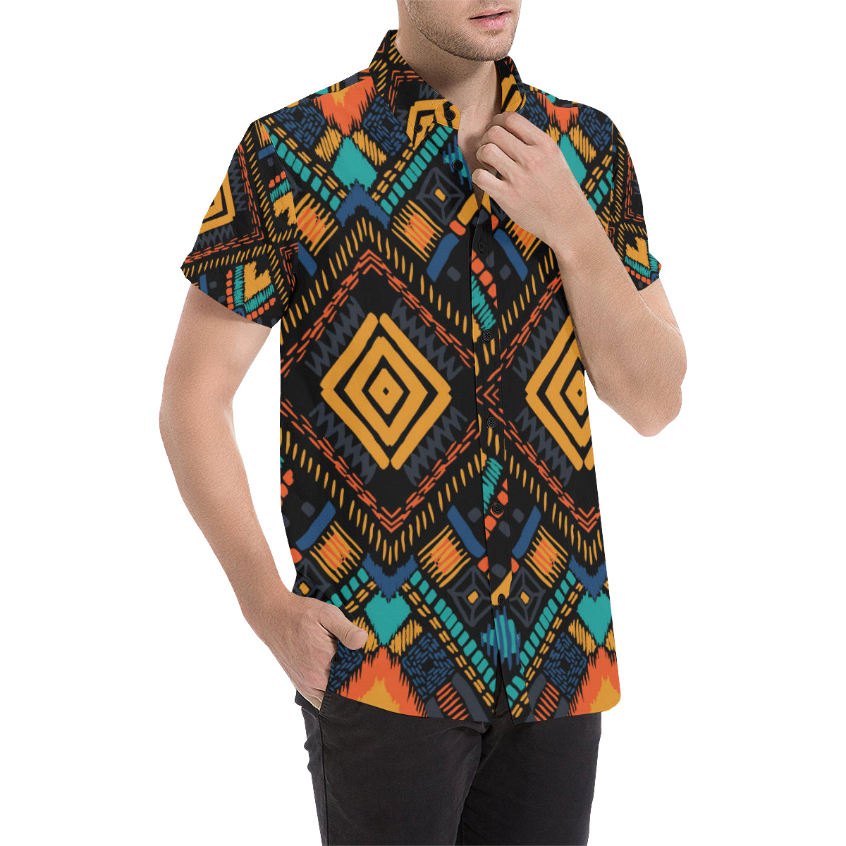 Kente Pattern Print Design 05 Men's Short Sleeve Button Up Shirt