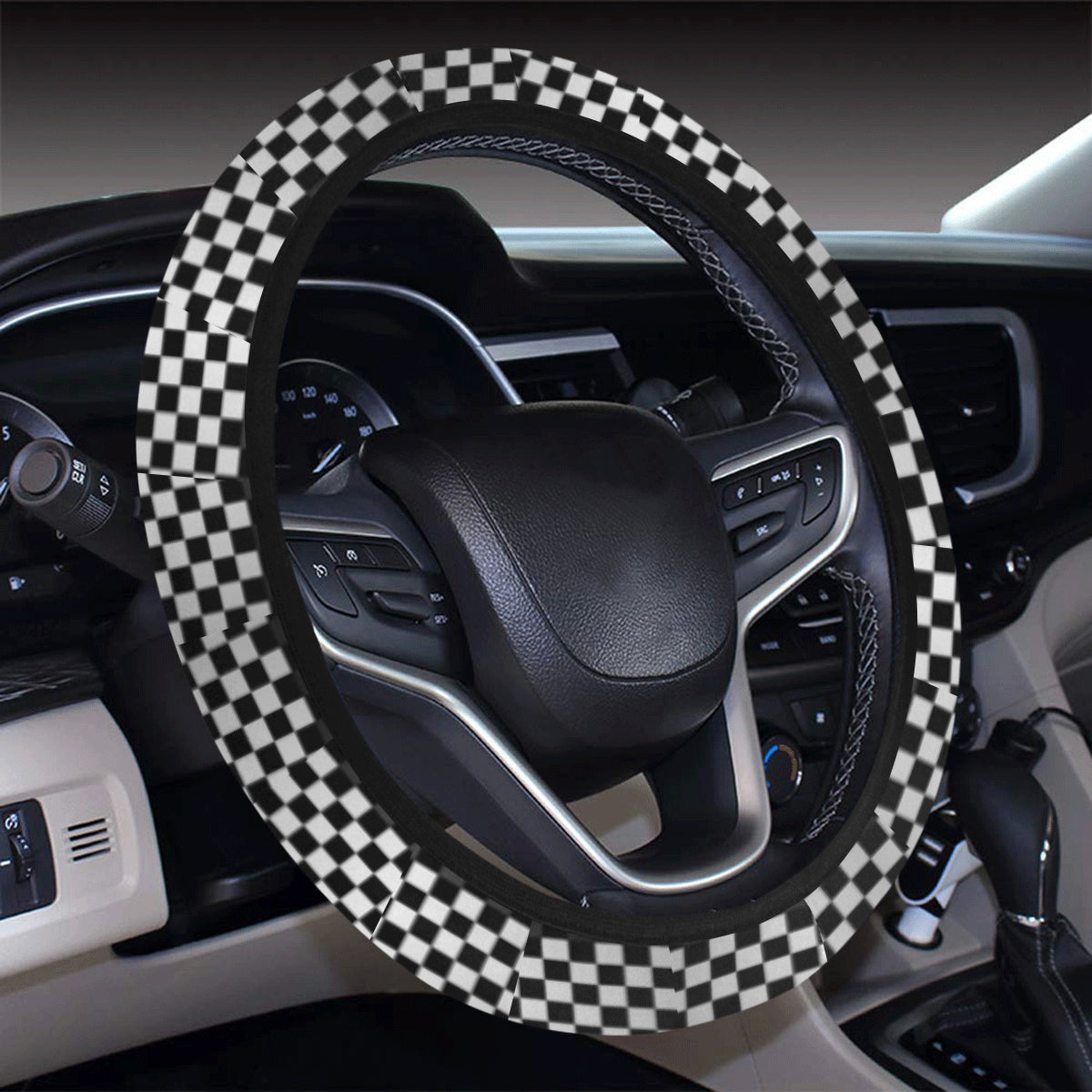 Checkered Flag Red Line Style Steering Wheel Cover with Elastic Edge