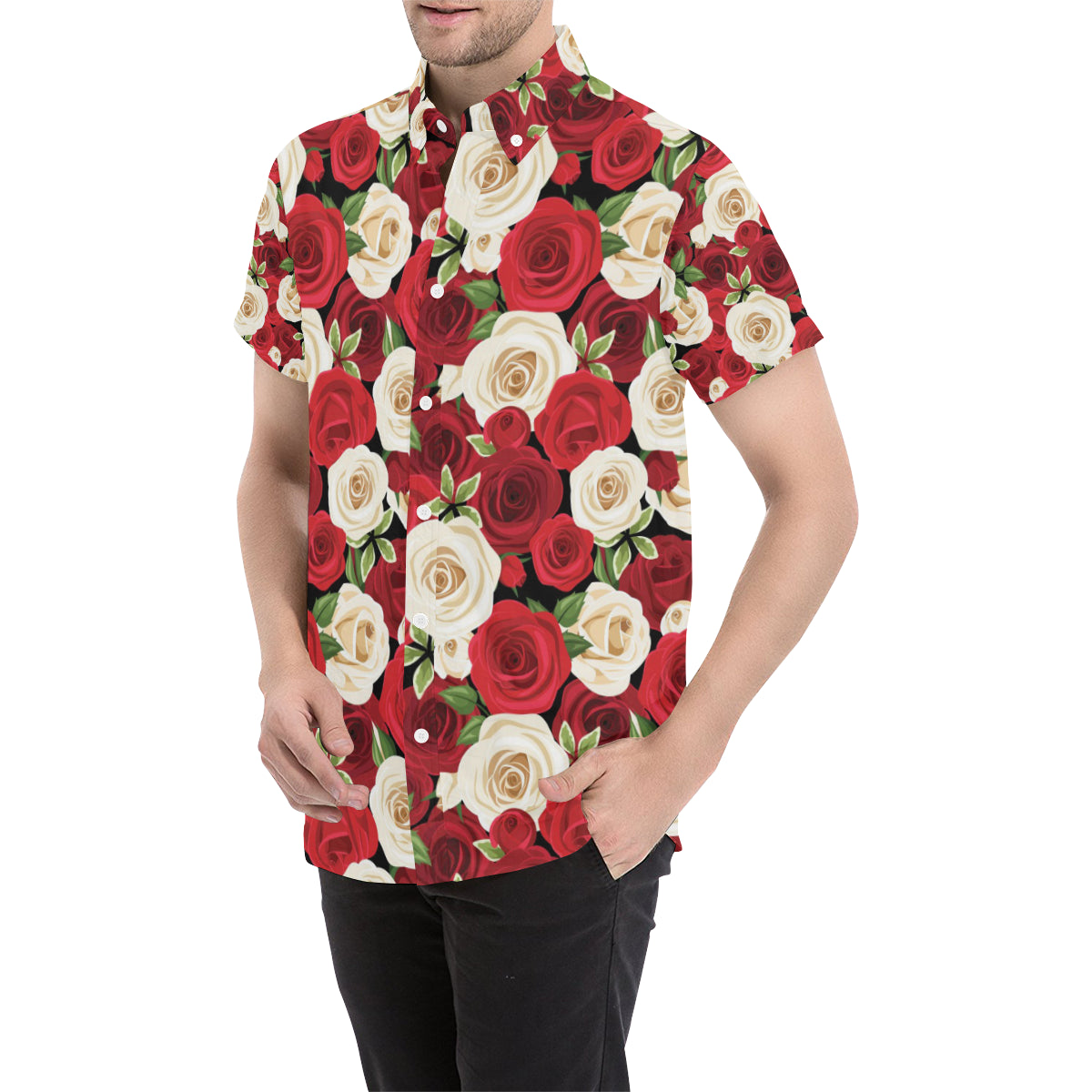 Rose Pattern Print Design RO06 Men's Short Sleeve Button Up Shirt