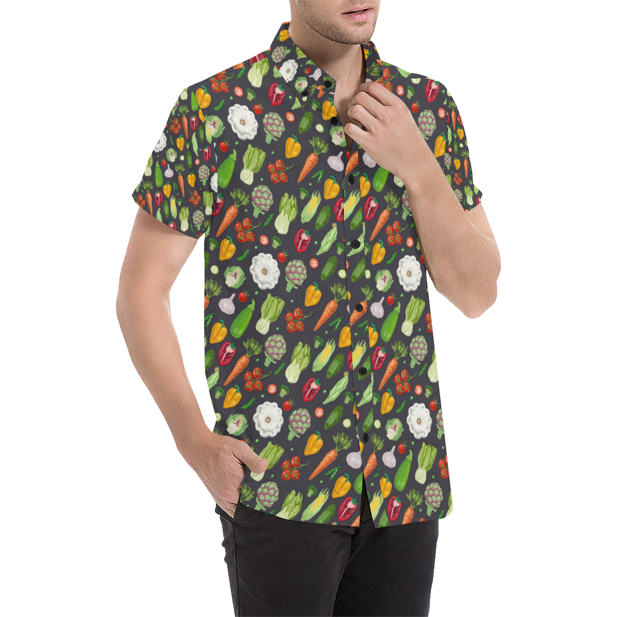 Vegan Pattern Themed Design Print Men's Short Sleeve Button Up Shirt