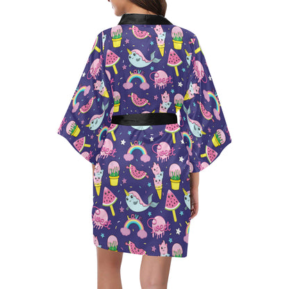 Narwhal Cute Pattern Print Design 02 Women's Short Kimono
