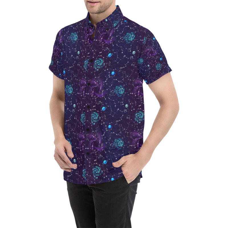 Zodiac Galaxy Design Print Men's Short Sleeve Button Up Shirt