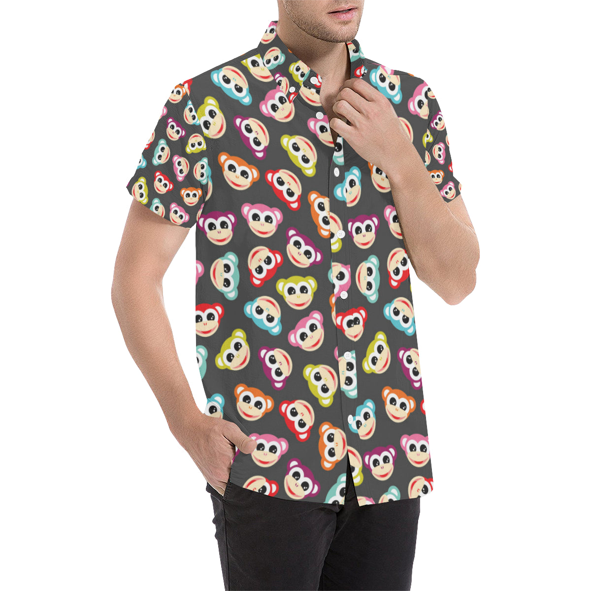 Monkey Head Design Themed Print Men's Short Sleeve Button Up Shirt