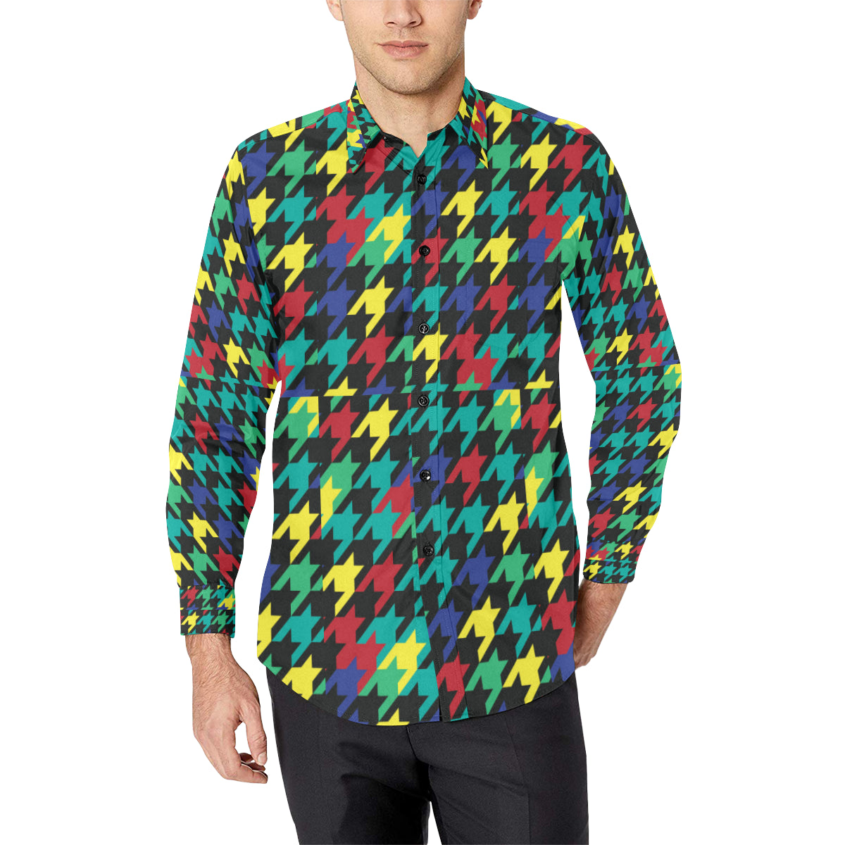 Houndstooth Colorful Pattern Print Design 02 Men's Long Sleeve Shirt