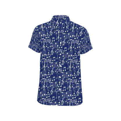Music Note Blue Themed Print Men's Short Sleeve Button Up Shirt