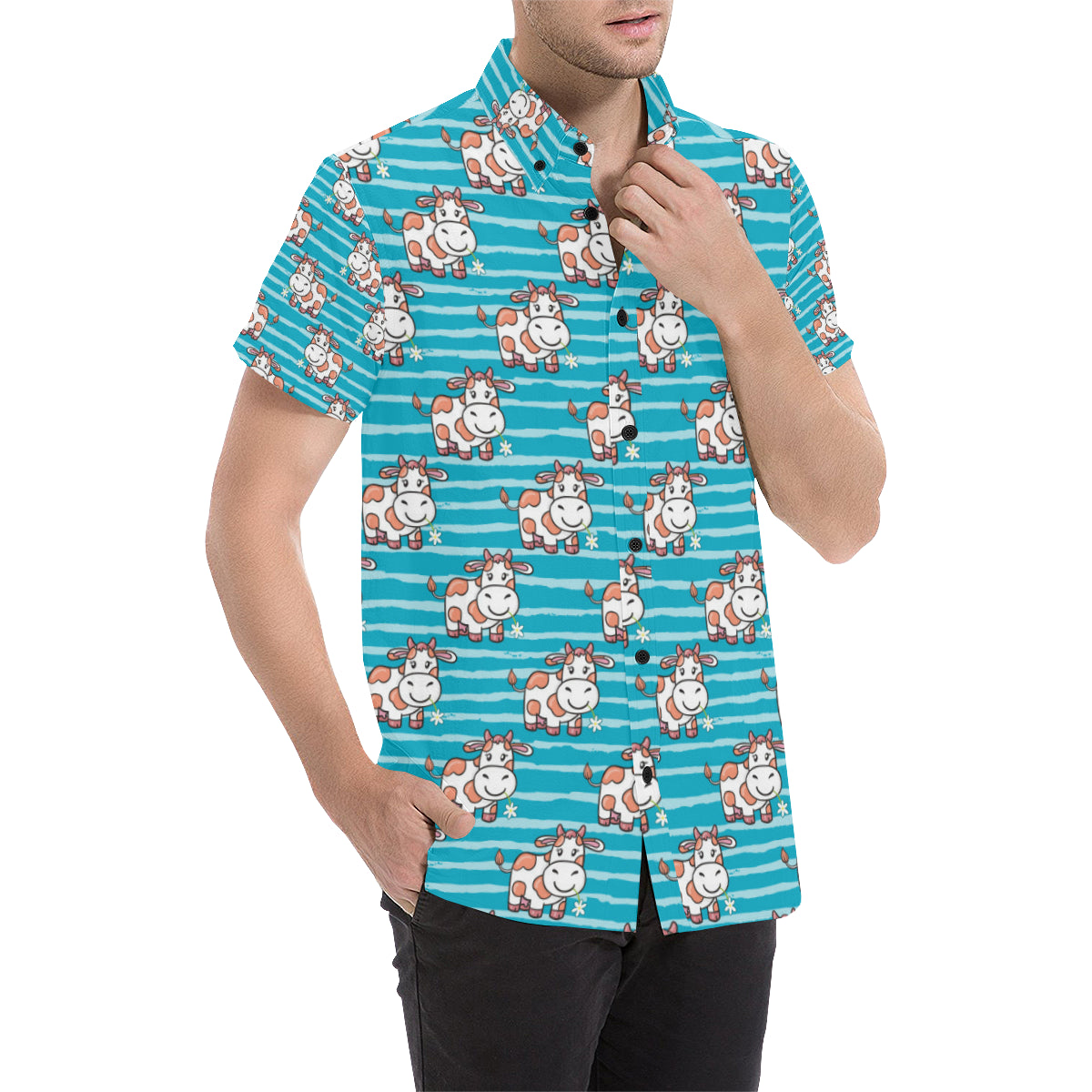 Cow Cute Print Pattern Men's Short Sleeve Button Up Shirt