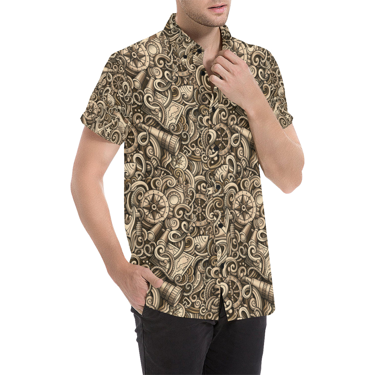 Nautical Tattoo Design Themed Print Men's Short Sleeve Button Up Shirt