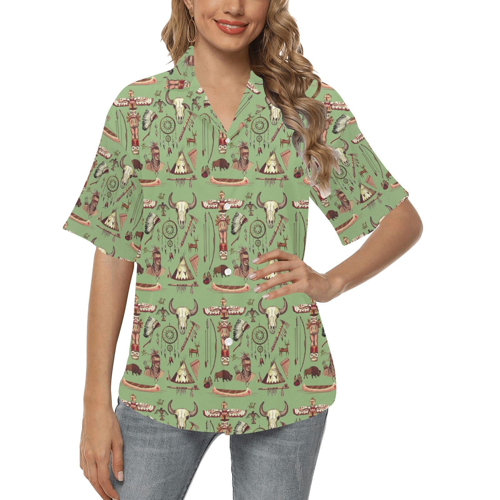 Native Indian Themed Design Print Women's Hawaiian Shirt