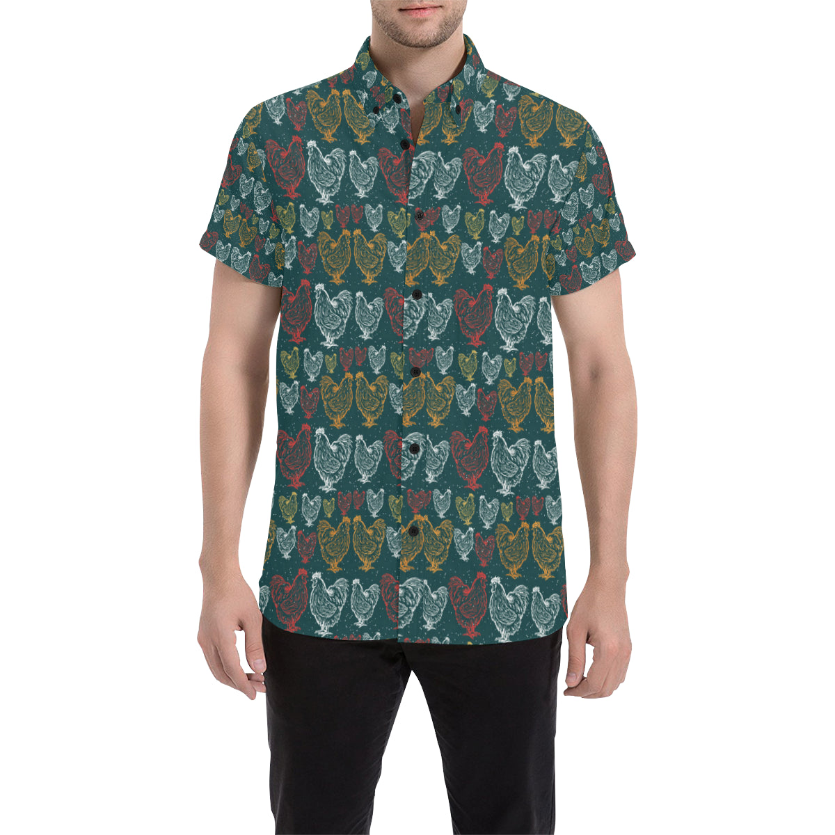 Rooster Hand Draw Design Men's Short Sleeve Button Up Shirt