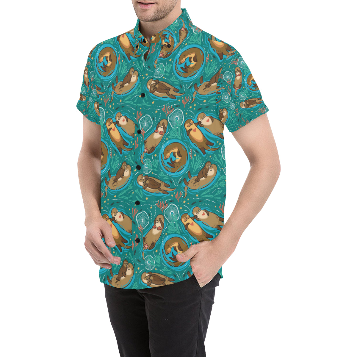 Sea Otter Pattern Print Design 01 Men's Short Sleeve Button Up Shirt