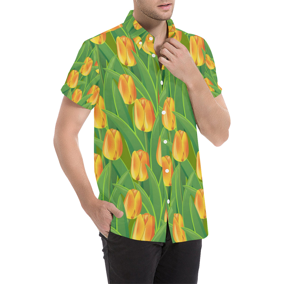 Tulip Orange Pattern Print Design TP07 Men's Short Sleeve Button Up Shirt