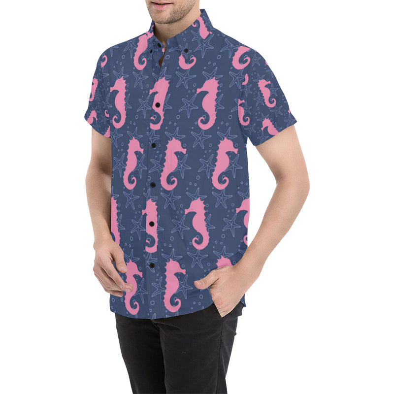 SeaHorse Pink Pattern Print Design 02 Men's Short Sleeve Button Up Shirt