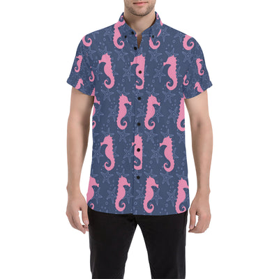 SeaHorse Pink Pattern Print Design 02 Men's Short Sleeve Button Up Shirt