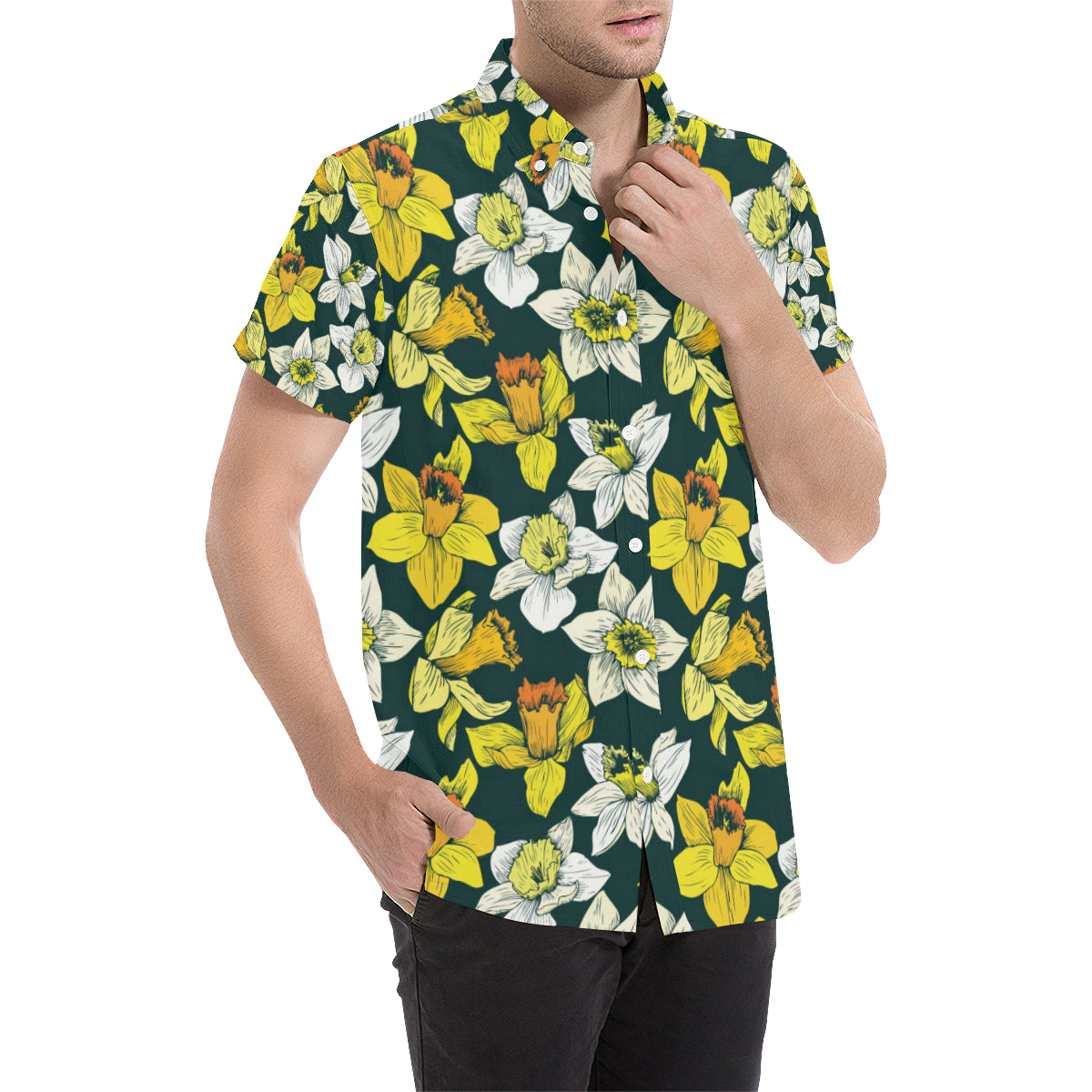 Daffodils Pattern Print Design DF02 Men's Short Sleeve Button Up Shirt