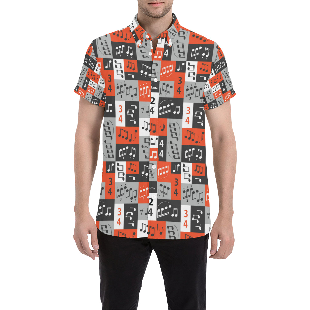 Music Note Design Themed Print Men's Short Sleeve Button Up Shirt