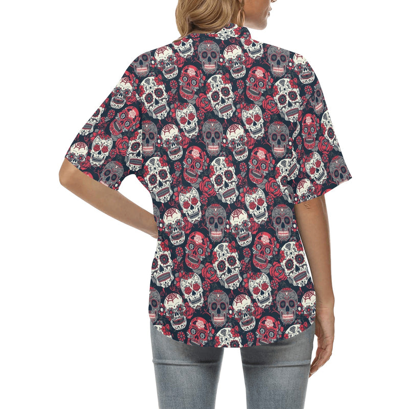 Sugar Skull Print Design LKS303 Women's Hawaiian Shirt