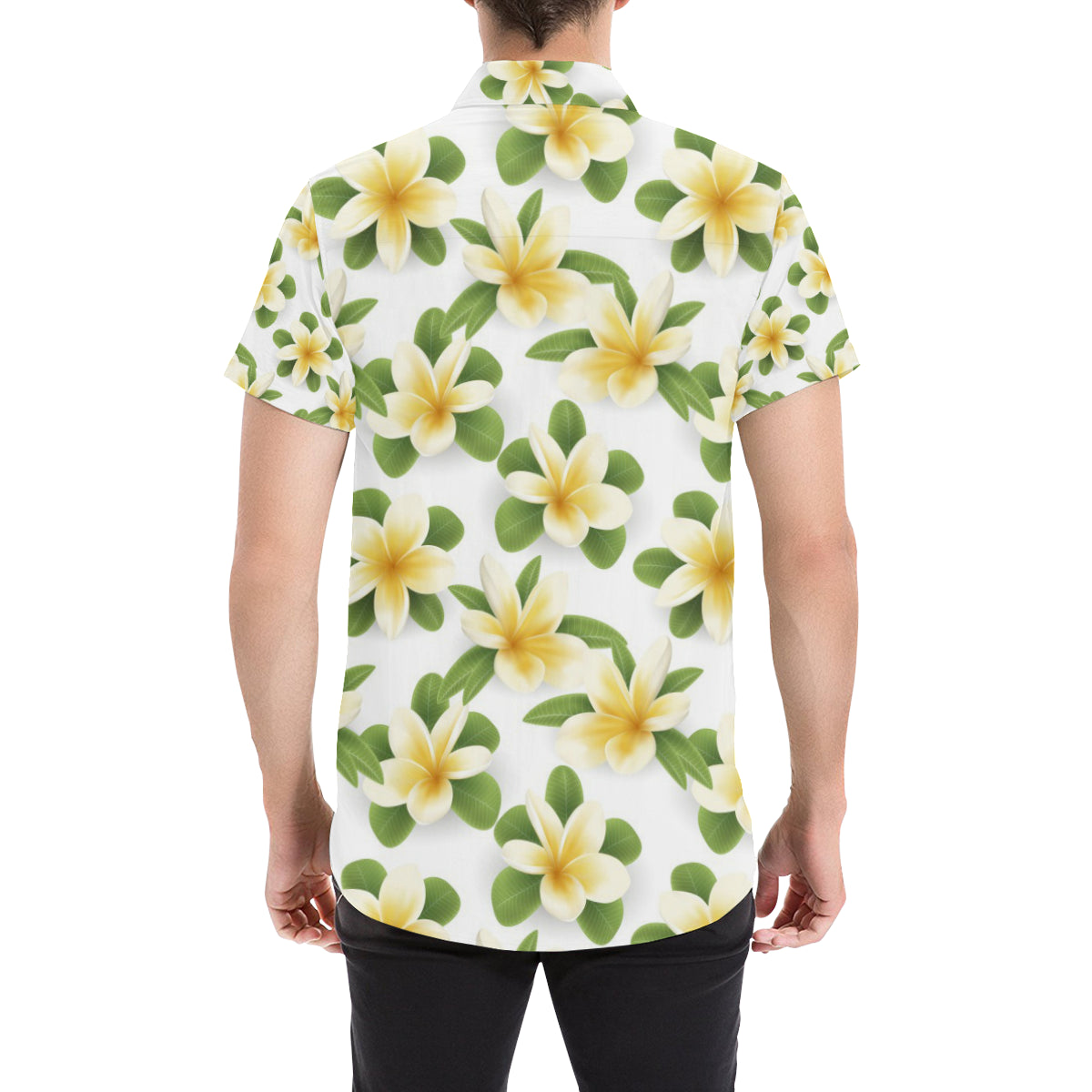 Yellow Plumeria Pattern Print Design PM012 Men's Short Sleeve Button Up Shirt