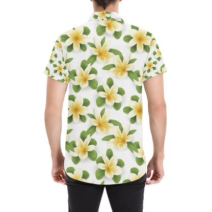 Yellow Plumeria Pattern Print Design PM012 Men's Short Sleeve Button Up Shirt