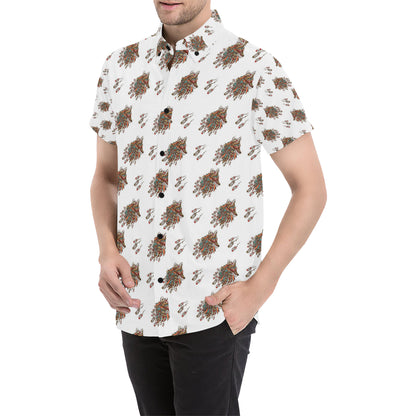 Aztec Wolf Pattern Print Design 02 Men's Short Sleeve Button Up Shirt