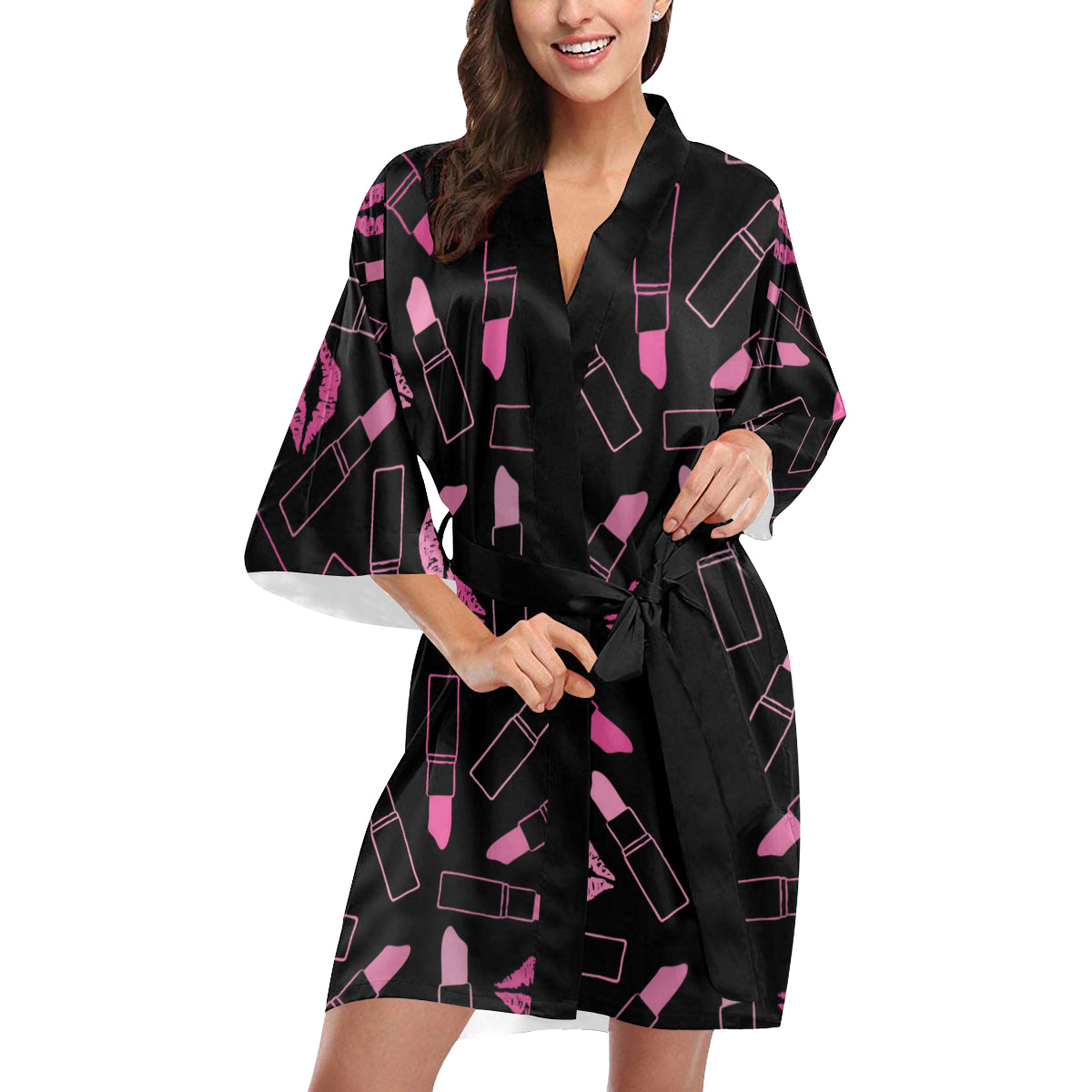 Lipstick Pink Pattern Print Design 01 Women's Short Kimono