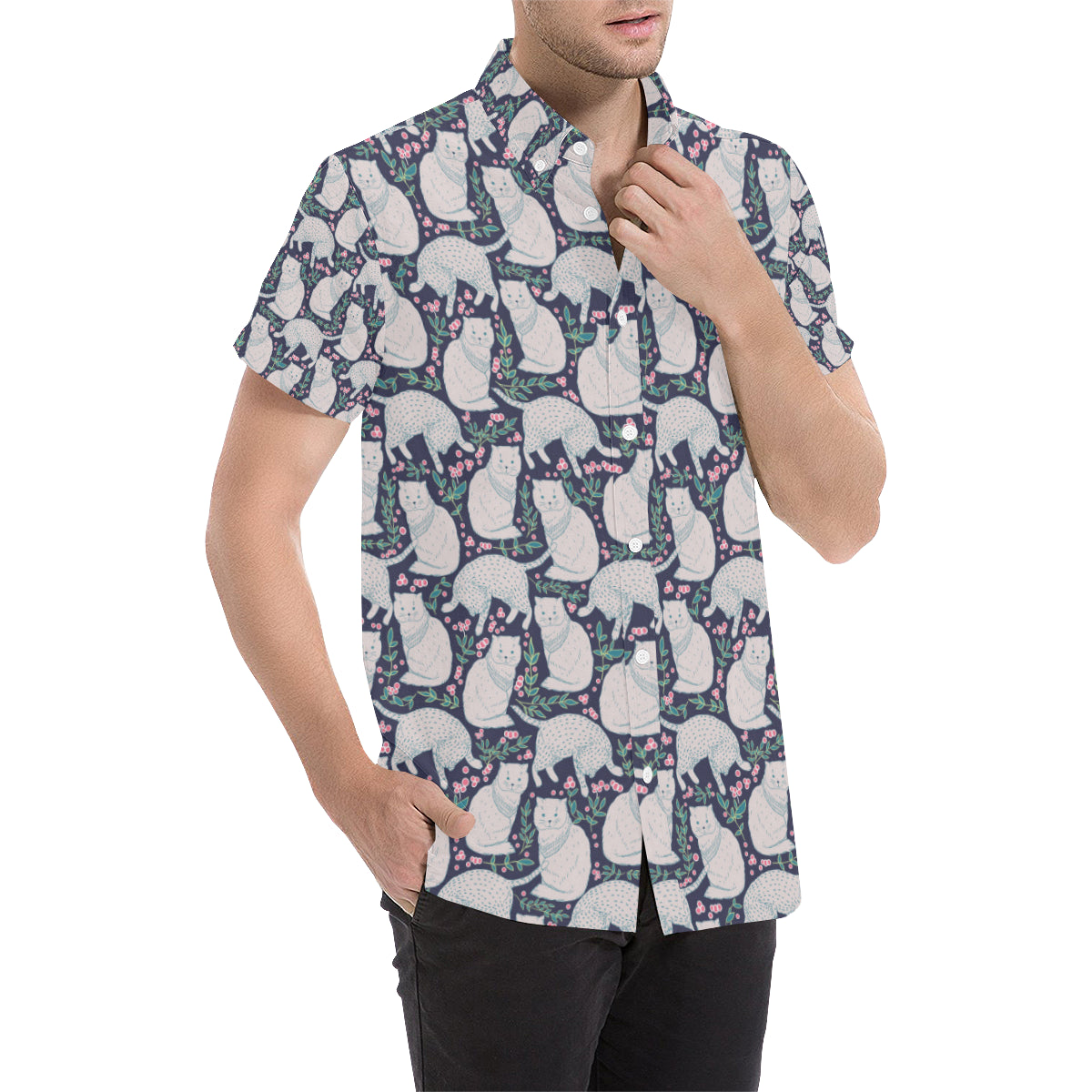 Cat Pattern Print Design 06 Men's Short Sleeve Button Up Shirt