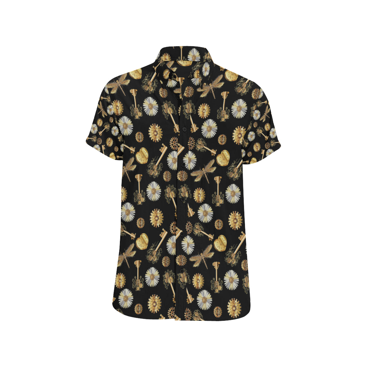 Steampunk Dragonfly Design Themed Print Men's Short Sleeve Button Up Shirt