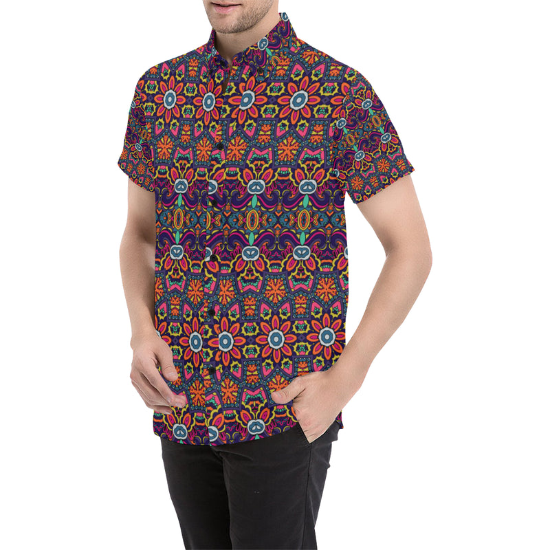 Ethnic Flower Style Print Pattern Men's Short Sleeve Button Up Shirt