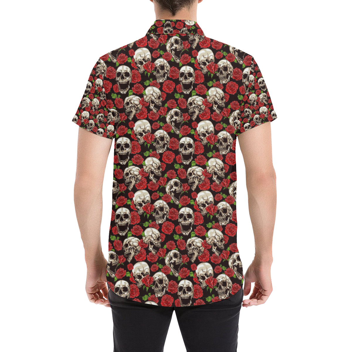 Skull Roses Design Themed Print Men's Short Sleeve Button Up Shirt