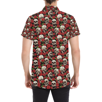 Skull Roses Design Themed Print Men's Short Sleeve Button Up Shirt