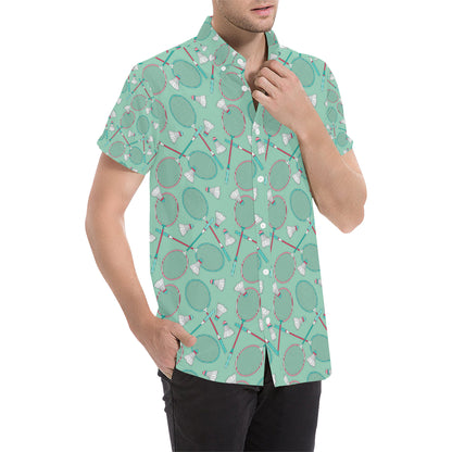 Badminton Pattern Print Design 05 Men's Short Sleeve Button Up Shirt