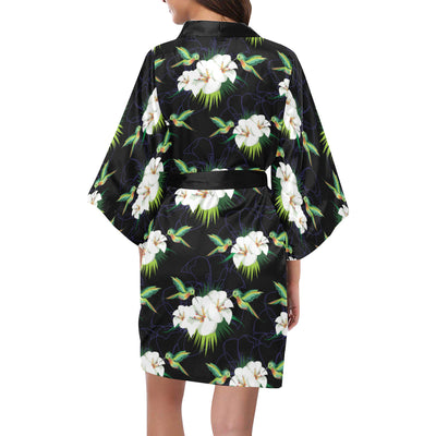 Hummingbird with Flower Pattern Print Design 03 Women's Short Kimono