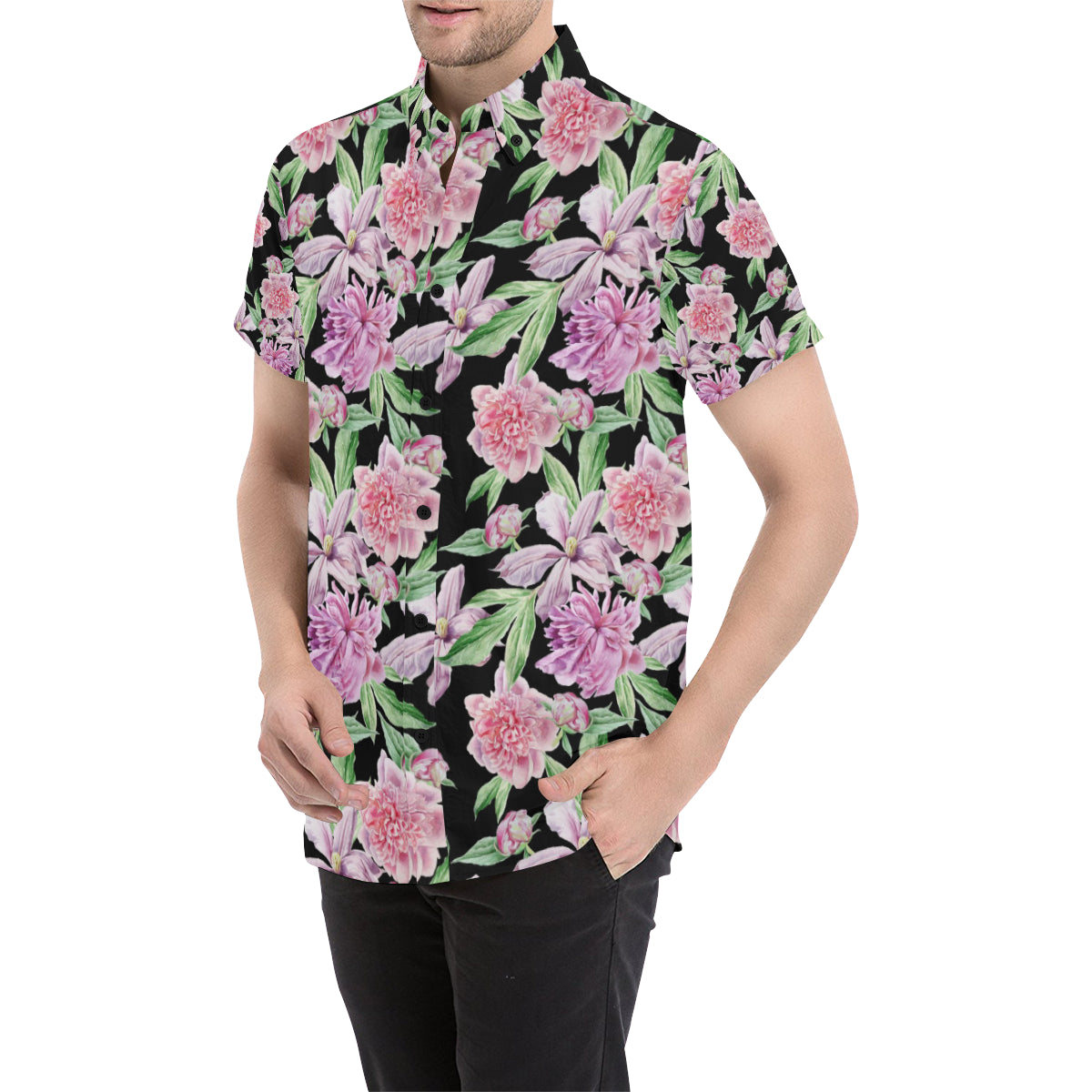 Peony Pattern Print Design PE08 Men's Short Sleeve Button Up Shirt