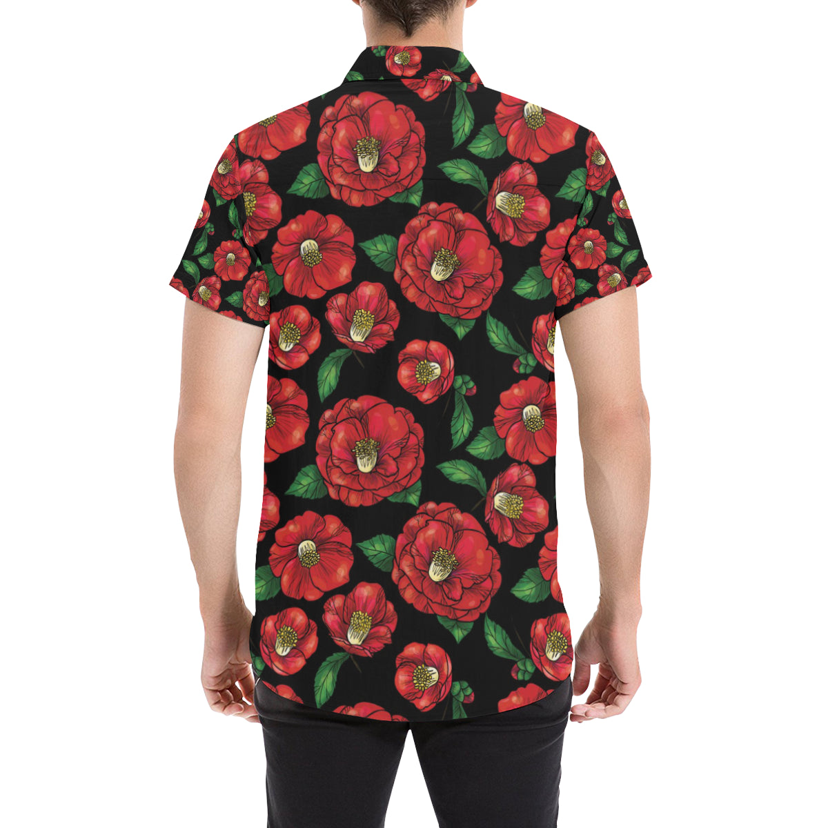 Camellia Pattern Print Design CM07 Men's Short Sleeve Button Up Shirt