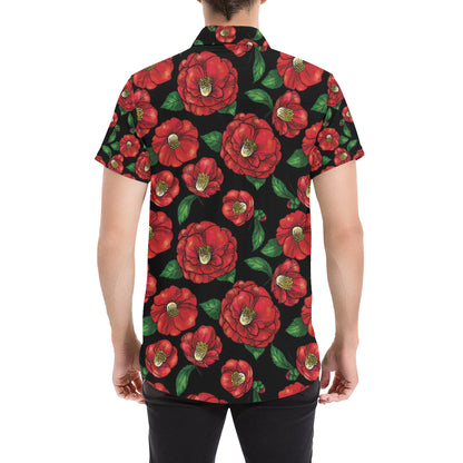 Camellia Pattern Print Design CM07 Men's Short Sleeve Button Up Shirt