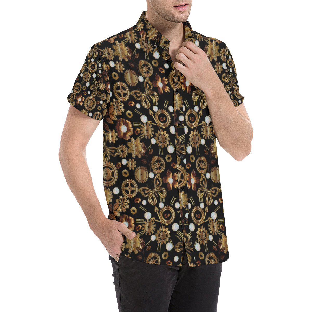 Steampunk Butterfly Design Themed Print Men's Short Sleeve Button Up Shirt