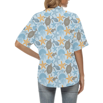 Polynesian Jellyfish Turtle Print Women's Hawaiian Shirt