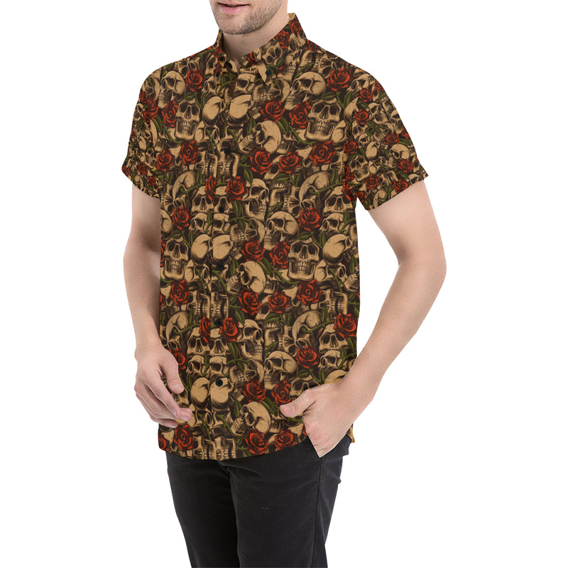 Skull Roses Vintage Design Themed Print Men's Short Sleeve Button Up Shirt