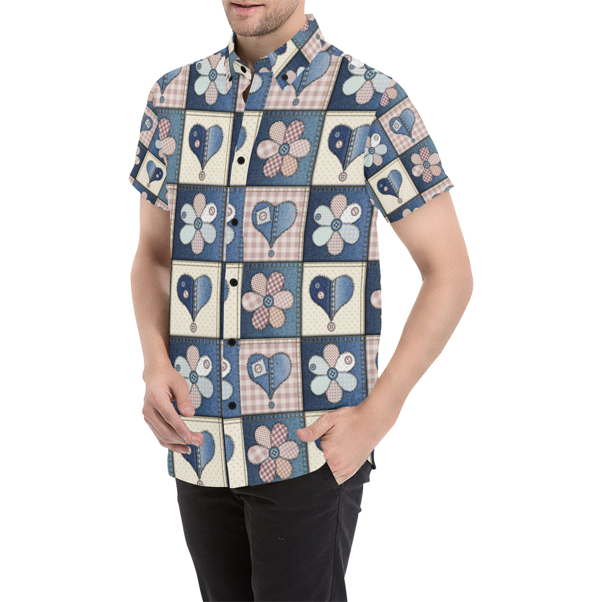 Patchwork Heart Flower Pattern Print Design 01 Men's Short Sleeve Button Up Shirt