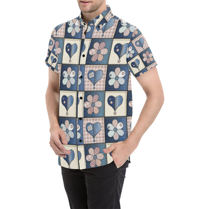 Patchwork Heart Flower Pattern Print Design 01 Men's Short Sleeve Button Up Shirt