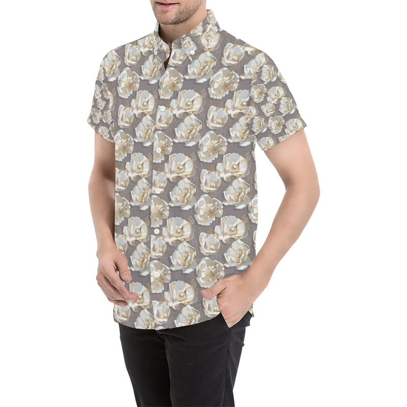 Elegant Grey Flower Print Men's Short Sleeve Button Up Shirt