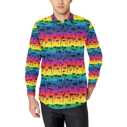 Palm Tree Rainbow Themed Print Men's Long Sleeve Shirt
